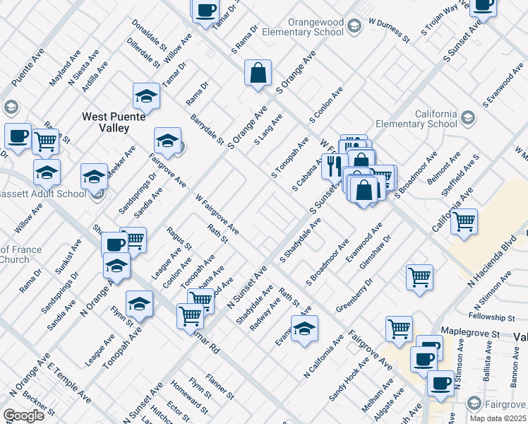 map of restaurants, bars, coffee shops, grocery stores, and more near 1525 West Starburst Drive in West Covina