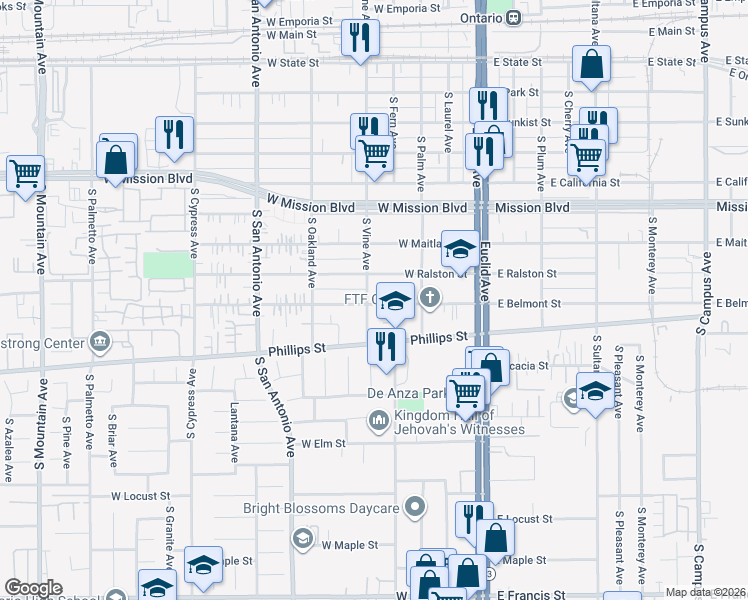 map of restaurants, bars, coffee shops, grocery stores, and more near 1129 South Vine Avenue in Ontario