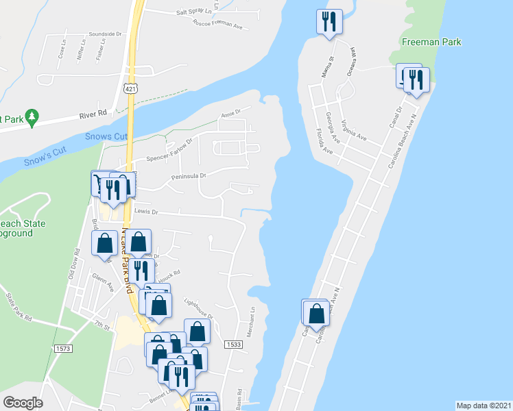 map of restaurants, bars, coffee shops, grocery stores, and more near 805 Teakwood Drive in Carolina Beach