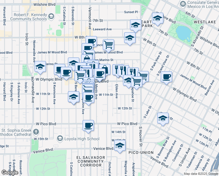 map of restaurants, bars, coffee shops, grocery stores, and more near 1030 South Westmoreland Avenue in Los Angeles