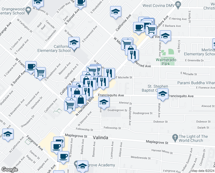map of restaurants, bars, coffee shops, grocery stores, and more near 1860 North Hacienda Boulevard in La Puente