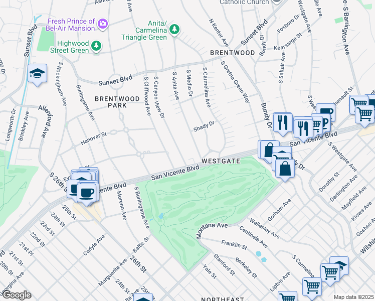 map of restaurants, bars, coffee shops, grocery stores, and more near 342 South Canyon View Drive in Los Angeles