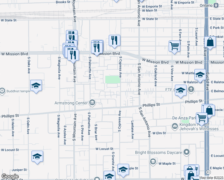 map of restaurants, bars, coffee shops, grocery stores, and more near 1220 South Cypress Avenue in Ontario