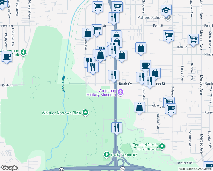 map of restaurants, bars, coffee shops, grocery stores, and more near 9348 Rush Street in South El Monte