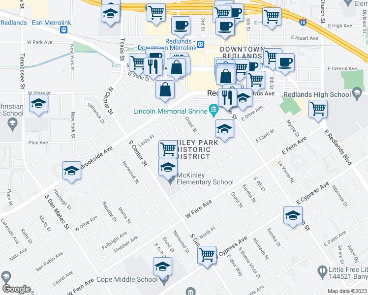 map of restaurants, bars, coffee shops, grocery stores, and more near 144 Parkwood Drive in Redlands