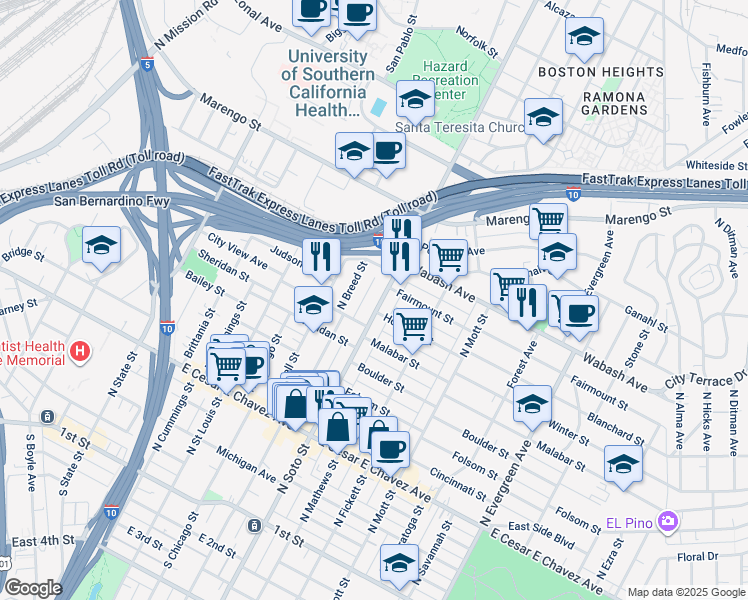 map of restaurants, bars, coffee shops, grocery stores, and more near 810 North Soto Street in Los Angeles
