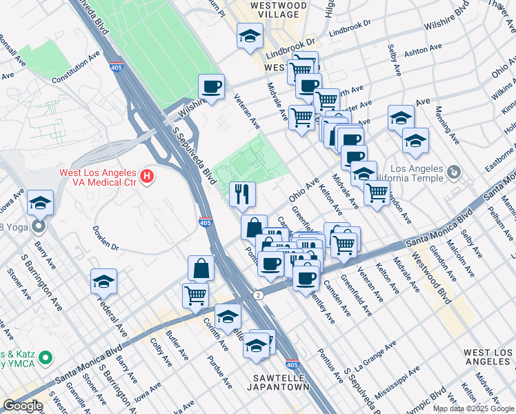 map of restaurants, bars, coffee shops, grocery stores, and more near 1418 South Bentley Avenue in Los Angeles