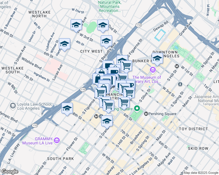 map of restaurants, bars, coffee shops, grocery stores, and more near 515 Flower Street in Los Angeles