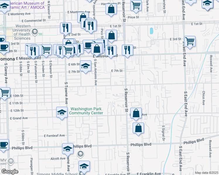 map of restaurants, bars, coffee shops, grocery stores, and more near 1077 Hibiscus Court in Pomona