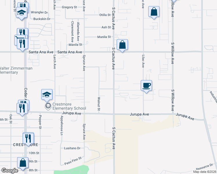 map of restaurants, bars, coffee shops, grocery stores, and more near 19264 Maywood Street in Bloomington