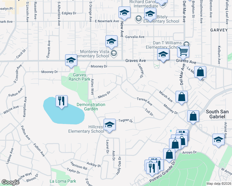 map of restaurants, bars, coffee shops, grocery stores, and more near 944 Abe Way in Monterey Park