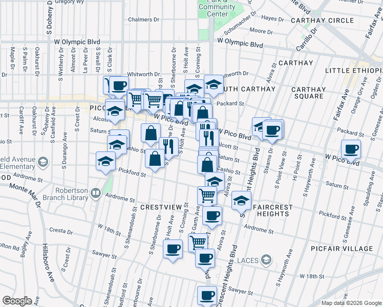 map of restaurants, bars, coffee shops, grocery stores, and more near 8544 Saturn Street in Los Angeles