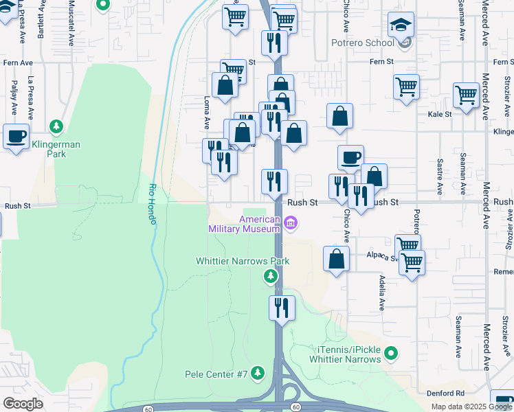 map of restaurants, bars, coffee shops, grocery stores, and more near 9348 Rush Street in South El Monte
