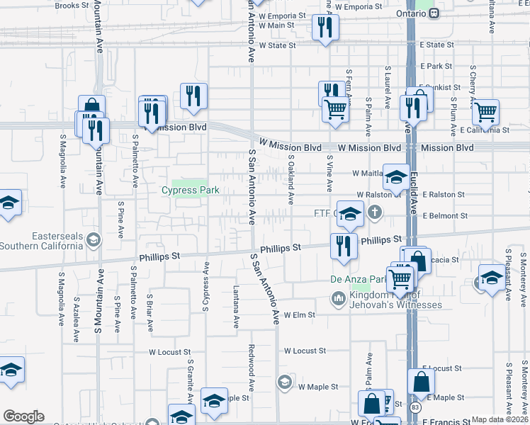 map of restaurants, bars, coffee shops, grocery stores, and more near 646 West Belmont Street in Ontario