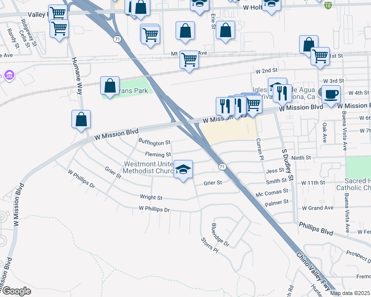 map of restaurants, bars, coffee shops, grocery stores, and more near 1765 Fleming Street in Pomona