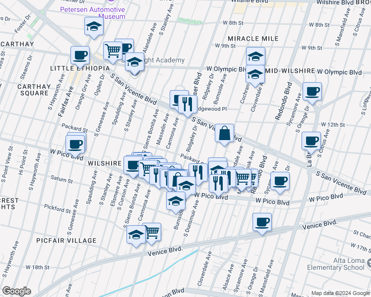 map of restaurants, bars, coffee shops, grocery stores, and more near 1277 South Ridgeley Drive in Los Angeles