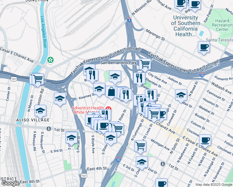 map of restaurants, bars, coffee shops, grocery stores, and more near 1720 Bridge Street in Los Angeles