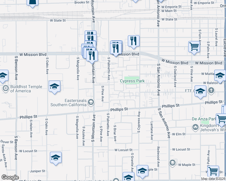 map of restaurants, bars, coffee shops, grocery stores, and more near 1031 South Palmetto Avenue in Ontario