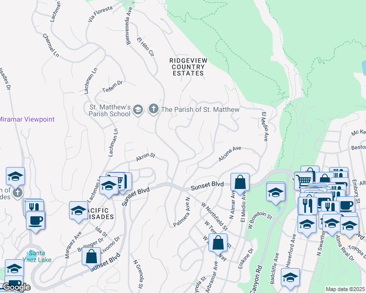 map of restaurants, bars, coffee shops, grocery stores, and more near 1039 Las Pulgas Road in Los Angeles