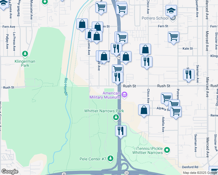 map of restaurants, bars, coffee shops, grocery stores, and more near 9342 Rush Street in South El Monte