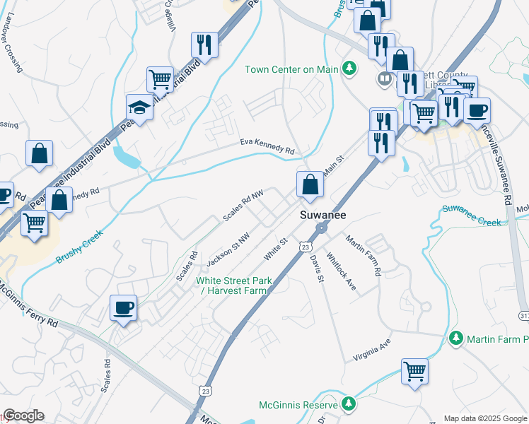 map of restaurants, bars, coffee shops, grocery stores, and more near 682 Jackson Street Northwest in Suwanee
