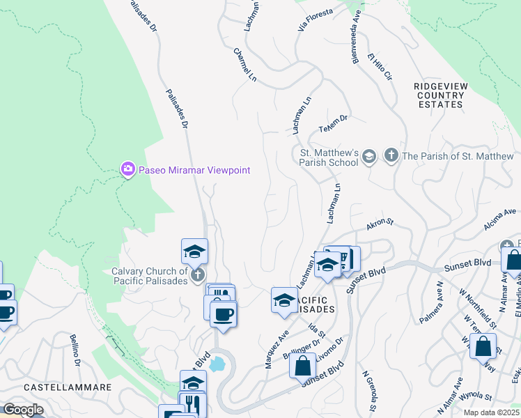 map of restaurants, bars, coffee shops, grocery stores, and more near 831 Enchanted Way in Los Angeles