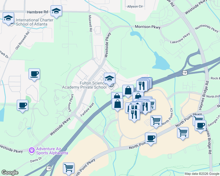 map of restaurants, bars, coffee shops, grocery stores, and more near 3035 Fanfare Way in Alpharetta