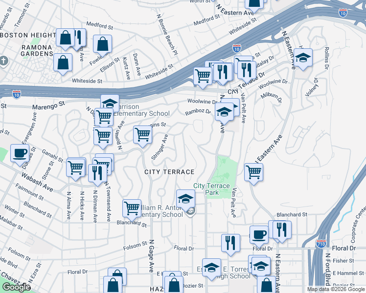 map of restaurants, bars, coffee shops, grocery stores, and more near 1159 Geraghty Avenue in Los Angeles
