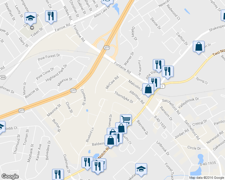 map of restaurants, bars, coffee shops, grocery stores, and more near 1800 Thorndyke Drive in Columbia