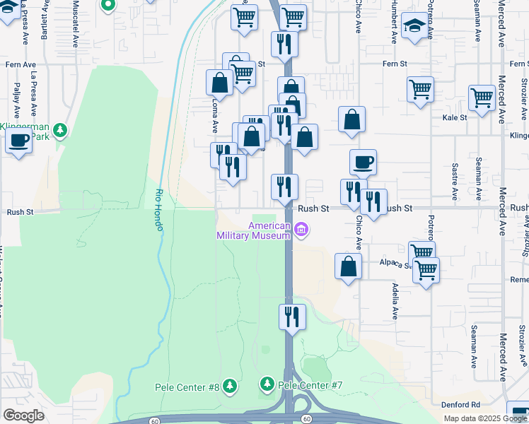 map of restaurants, bars, coffee shops, grocery stores, and more near 9342 Rush Street in South El Monte