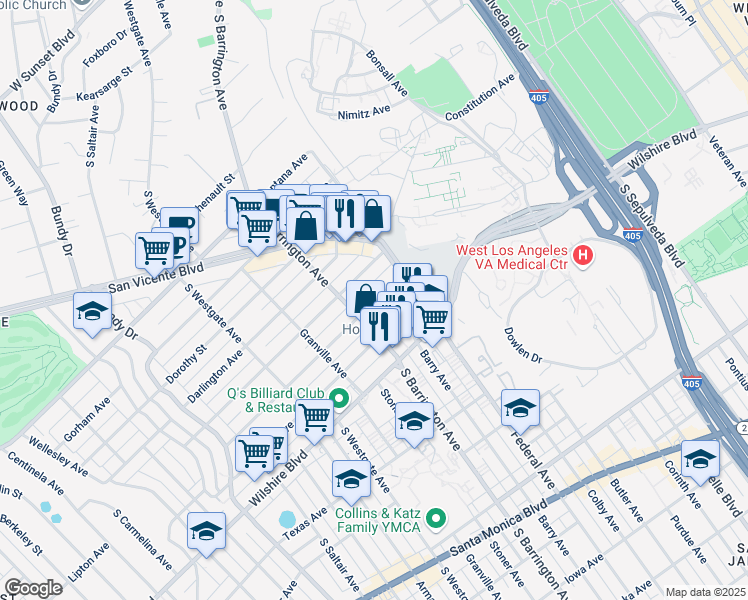 map of restaurants, bars, coffee shops, grocery stores, and more near 11661 Kiowa Avenue in Los Angeles