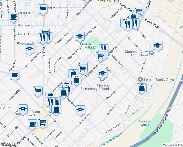 map of restaurants, bars, coffee shops, grocery stores, and more near 12322 Felipe Street in El Monte
