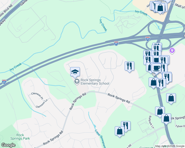 map of restaurants, bars, coffee shops, grocery stores, and more near 947 Koala Street in Lawrenceville