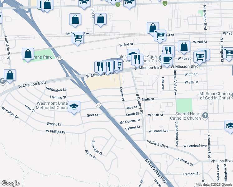 map of restaurants, bars, coffee shops, grocery stores, and more near 1619 Meserve Street in Pomona