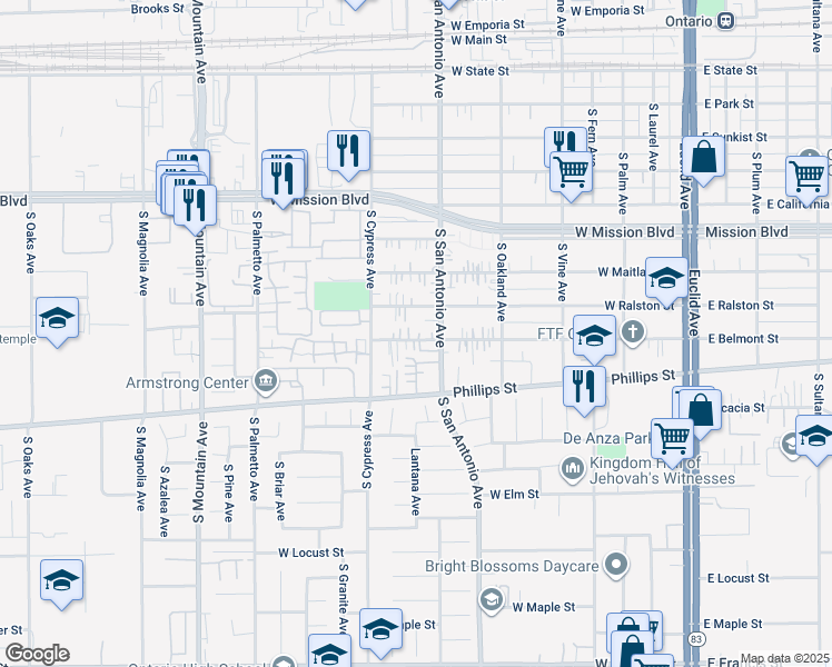 map of restaurants, bars, coffee shops, grocery stores, and more near 724 West Belmont Street in Ontario