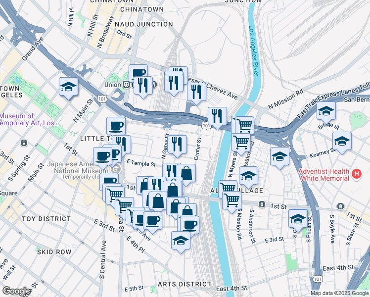 map of restaurants, bars, coffee shops, grocery stores, and more near 706 Ducommun Street in Los Angeles