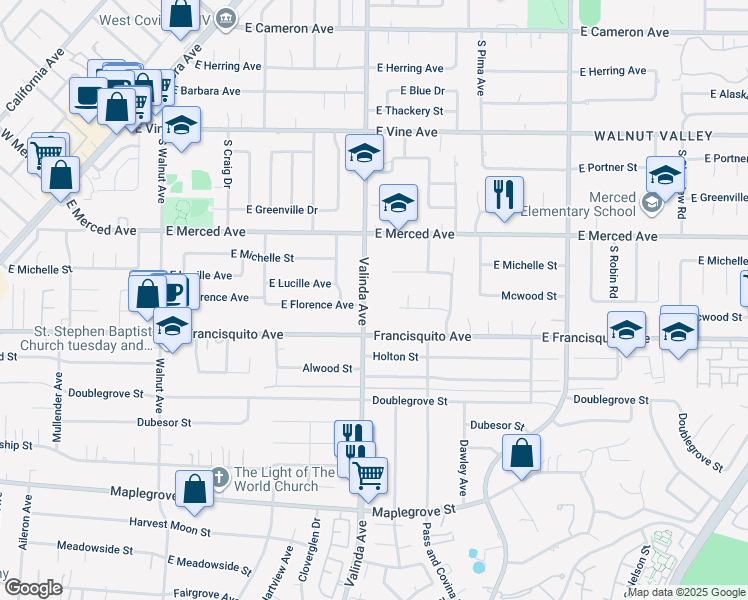 map of restaurants, bars, coffee shops, grocery stores, and more near 1842 Valinda Avenue in La Puente