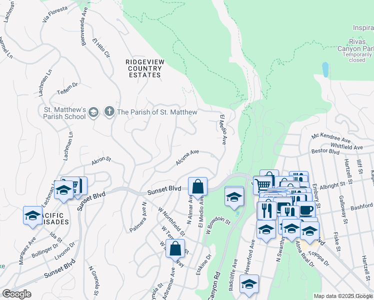 map of restaurants, bars, coffee shops, grocery stores, and more near 15965 Alcima Avenue in Los Angeles