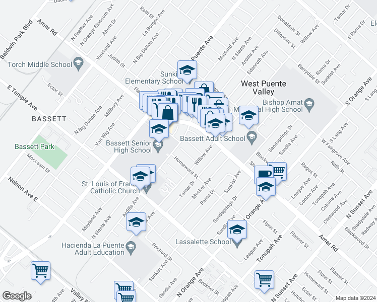 map of restaurants, bars, coffee shops, grocery stores, and more near 13929 Flynn Street in La Puente