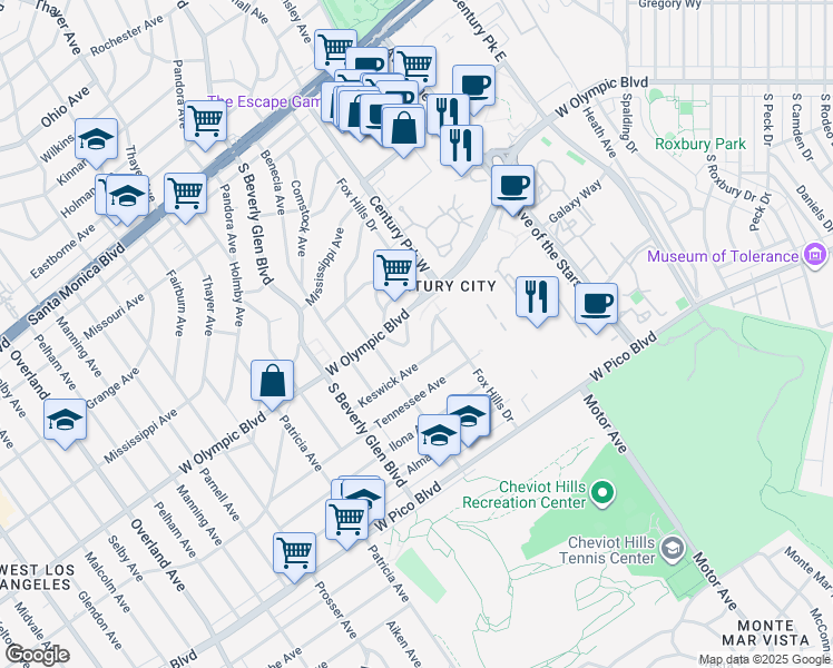 map of restaurants, bars, coffee shops, grocery stores, and more near 10355 Westwood Boulevard in Los Angeles