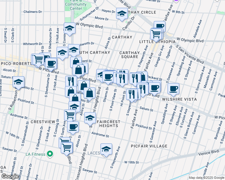 map of restaurants, bars, coffee shops, grocery stores, and more near 1415 South Point View Street in Los Angeles