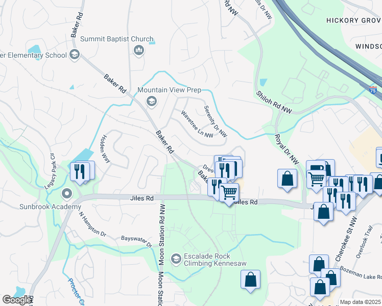 map of restaurants, bars, coffee shops, grocery stores, and more near 4091 Dresden Court Northwest in Kennesaw