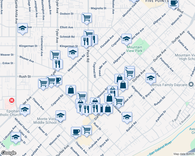 map of restaurants, bars, coffee shops, grocery stores, and more near 2226 Cogswell Road in El Monte