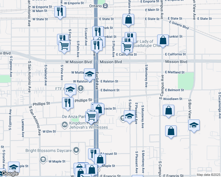 map of restaurants, bars, coffee shops, grocery stores, and more near 217 East Belmont Street in Ontario