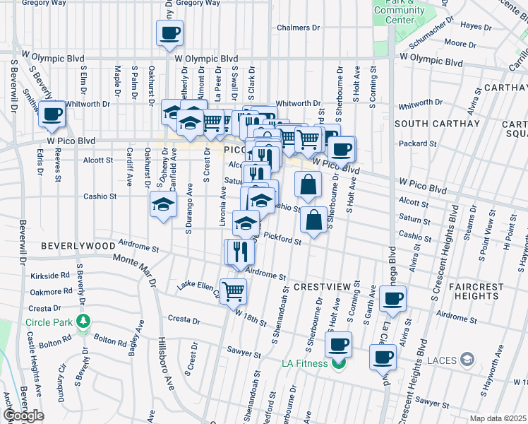 map of restaurants, bars, coffee shops, grocery stores, and more near in Los Angeles