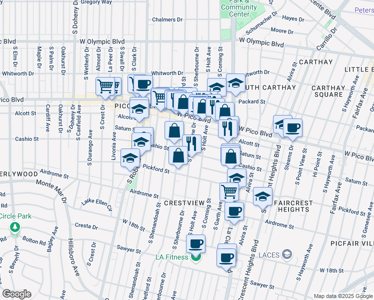 map of restaurants, bars, coffee shops, grocery stores, and more near 8635 Cashio Street in Los Angeles