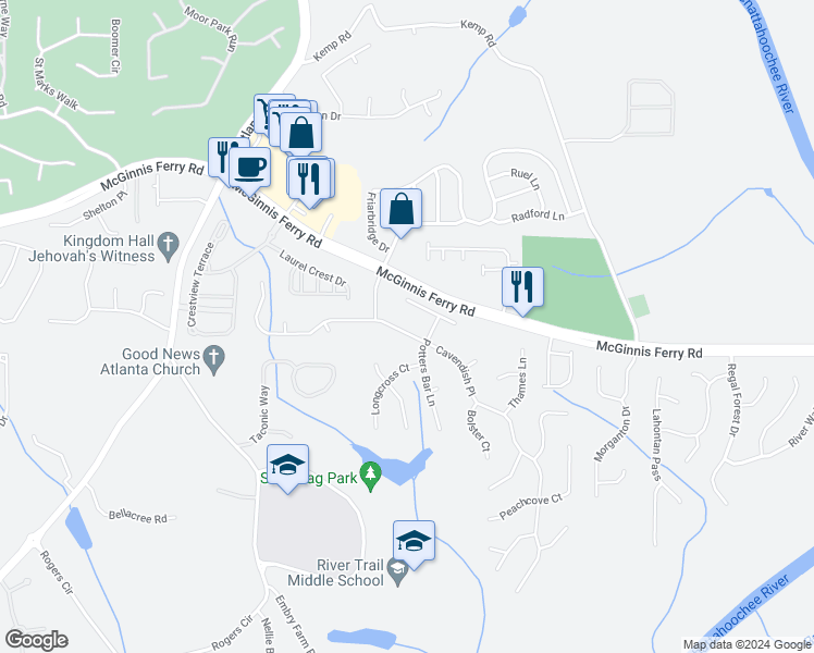 map of restaurants, bars, coffee shops, grocery stores, and more near 7910 Cavendish Place in Suwanee