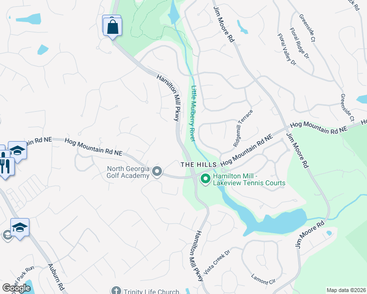 map of restaurants, bars, coffee shops, grocery stores, and more near 2085 Hamilton Mill Pkwy in Dacula