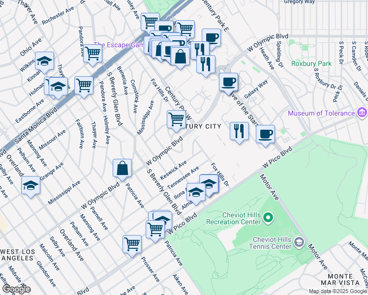 map of restaurants, bars, coffee shops, grocery stores, and more near 10340 Bellwood Avenue in Los Angeles