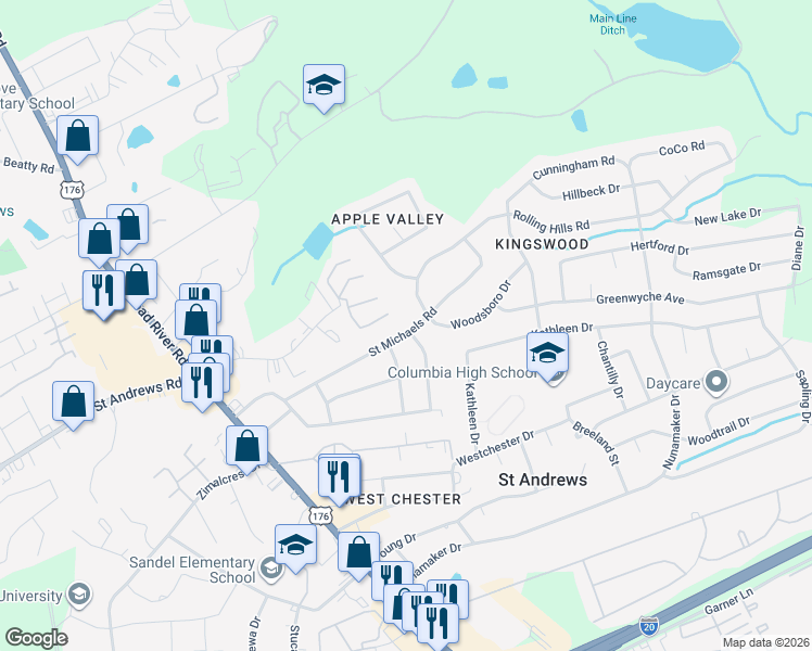 map of restaurants, bars, coffee shops, grocery stores, and more near 1709 Saint Michaels Road in Columbia